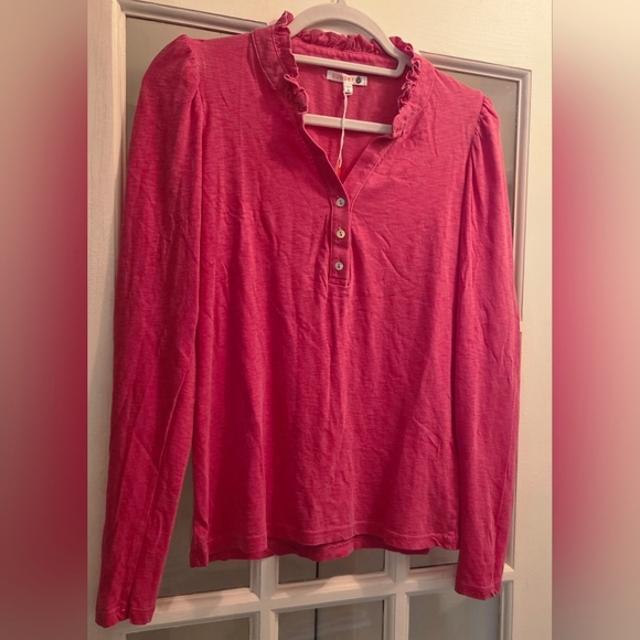 Sundry By "Anthropologie" Fuchsia Puff Long Sleeve Ruffle Henley Top - Picture 1 of 7